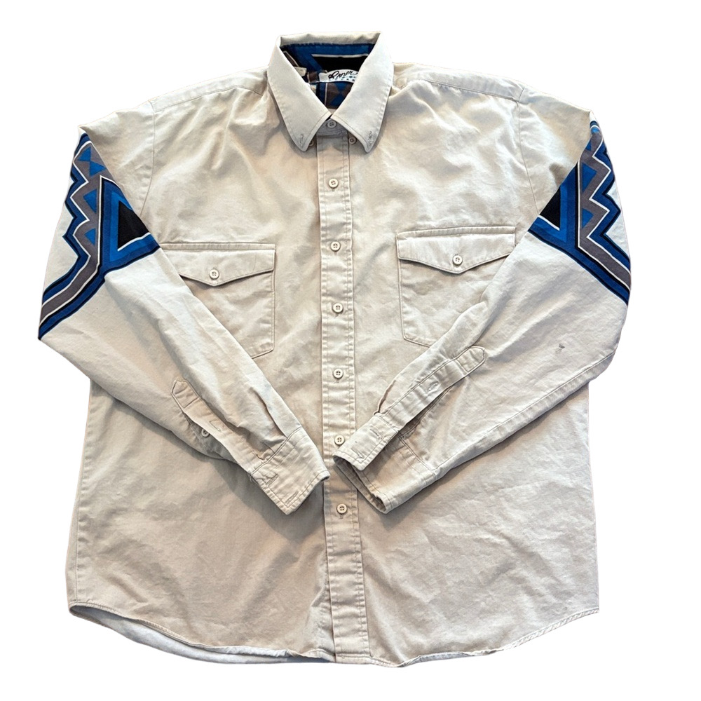 Vintage Roper Border Western Shirt Long Sleeve Beige Blue L